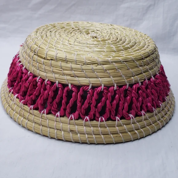 Handwoven Coiled Grass Basket Pink Accents - Picture 4 of 5